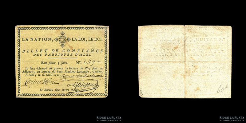Francia. Albi, Fabrique. 5 Sous 1791. Billet de Confiance. (VF)
Estimate: USD 2...