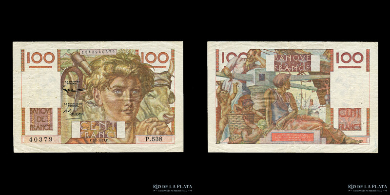 Francia. 100 Francs 1953. P128e (XF, marquita de doblado y abrochadora)
Estimat...