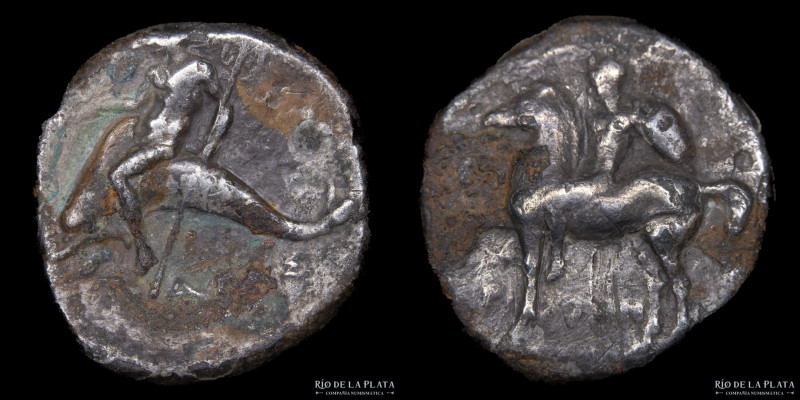 Calabria, Tarentum (270-240BC) AR Nomos. 19.5mm; 6.05g; 12h. A: Horseman naked a...