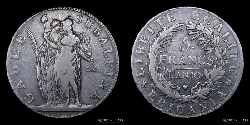 Italian States. Piedmont (Republic) 5 Francs L´AN10: 1801. AG.900; 37.0mm; 24.74...
