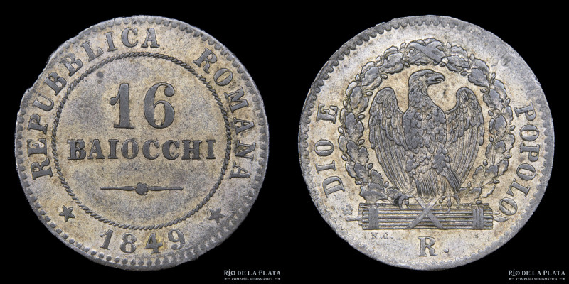 Roman Republic (1849) 16 Baiocchi 1849 R. Billion; 26.0mm; 8.06g. KM26. Choice V...