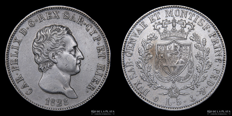 Italian States. Savoy (Duchy) Carlo Felice (1821-1831) 5 Lire 1828 P. AG.900; 37...