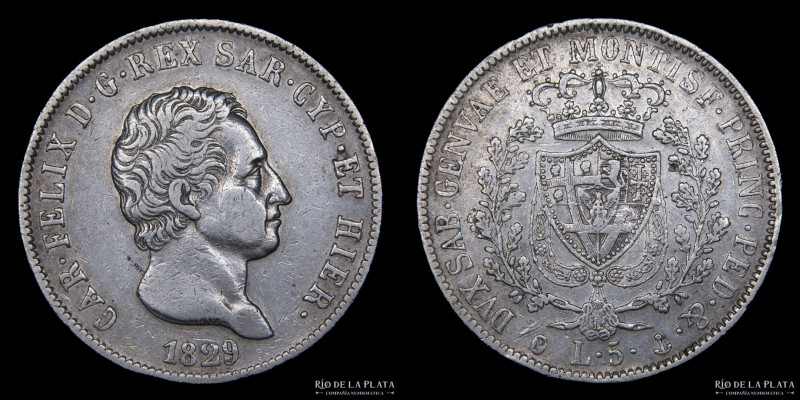 Italian States. Savoy (Duchy) Carlo Felice (1821-1831) 5 Lire 1829 P. AG.900; 37...