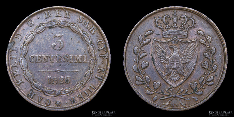 Italian States. Savoy (Duchy) Carlo Felice (1821-1831) 3 Centesimi 1826P. CU; 23...