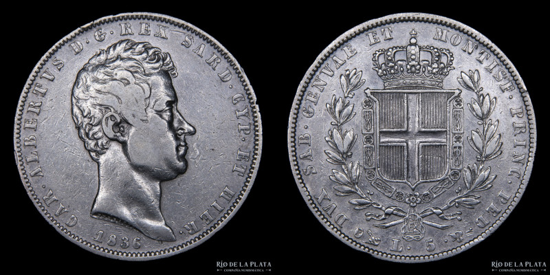 Italian States. Savoy (Duchy) Carlo Alberto (1831-1849) 5 Lire 1836 P. Genoa Min...
