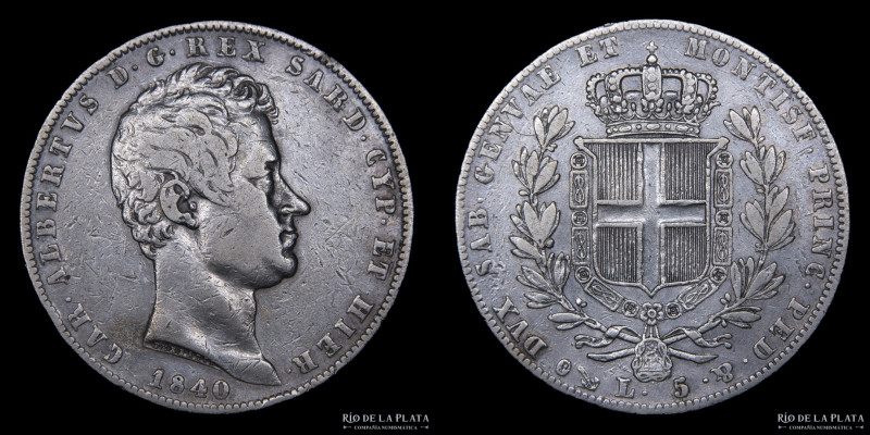 Italian States. Savoy (Duchy) Carlo Alberto (1831-1849) 5 Lire 1840 P. Genoa Min...