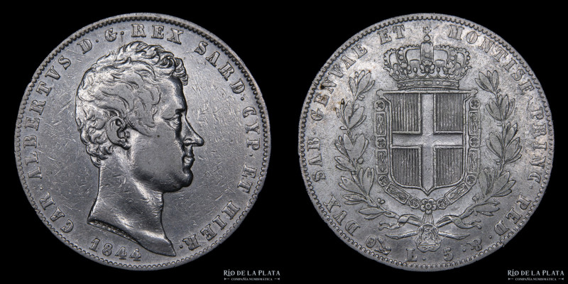 Italian States. Savoy (Duchy) Carlo Alberto (1831-1849) 5 Lire 1844 P. Genoa Min...