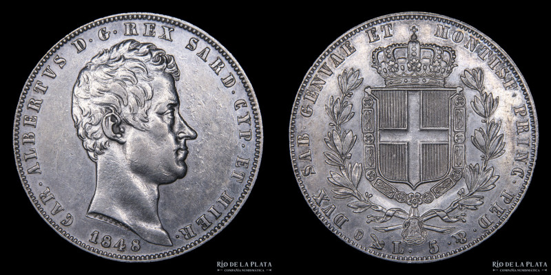 Italian States. Savoy (Duchy) Carlo Alberto (1831-1849) 5 Lire 1848 P. Genoa Min...