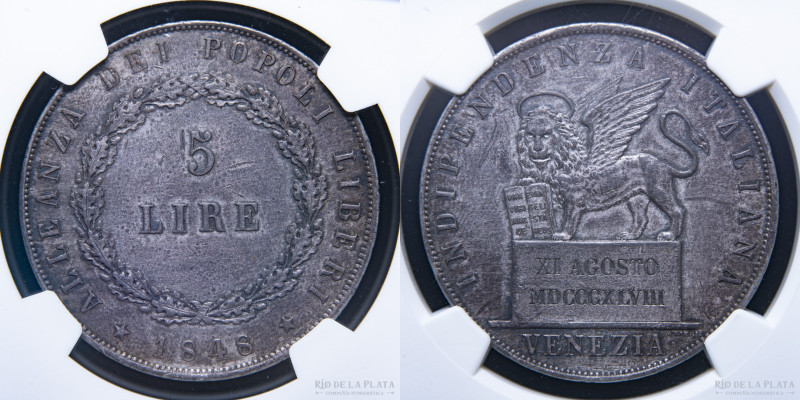 Italian States. Venice (Provisional Govermment 1848-1849) 5 Lire 1848. AG.900; 3...