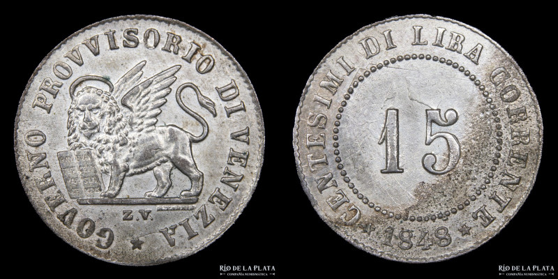 Italian States. Venice (Provisional Govermment 1848-1849) 15 Centesimi 1848. AG....