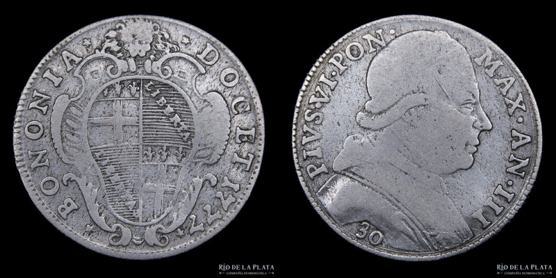 Papal States. Pius VI (1775-1799) 30 Baiocchi 1777 (Testone). Bologna mint. AG; ...