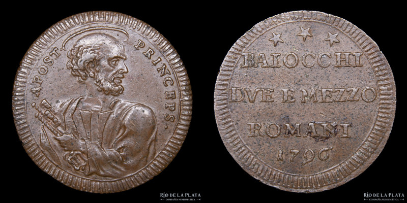 Papal States. Pius VI (1775-1799) 2 1/2 Baiocchi 1796. Romani. CU; 30.0mm; 17.31...