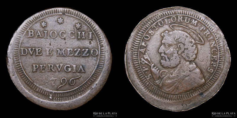 Papal States. Pius VI (1775-1799) 2 1/2 Baiocchi 1796. Perugia. CU; 34.0mm; 17.6...