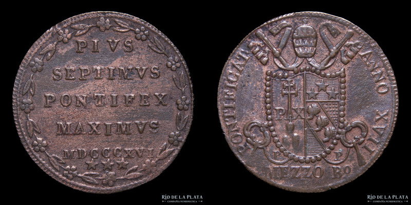 Papal States. Pius VII (1800-1823) 1/2 Baiocco 1816. CU; 26.5mm; 5.60g. KM1278. ...