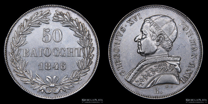 Papal States. Gregory XVI (1831-1846) 50 Baiocchi 1846 R. AG.900; 32.0mm; 13.46g...