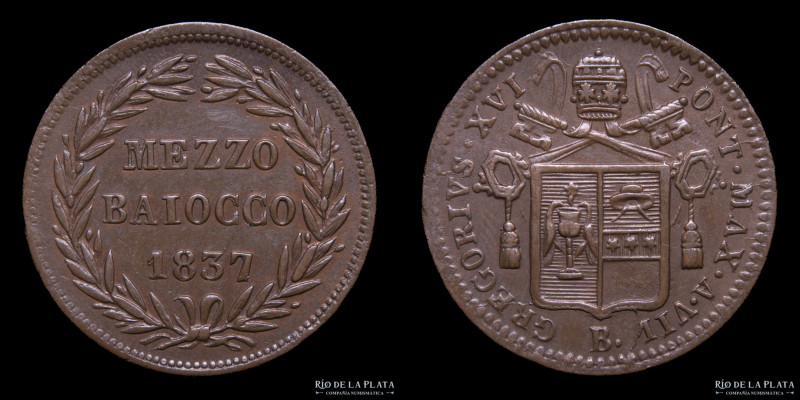 Papal States. Gregory XVI (1831-1846) 1/2 Baiocco 1837. CU; 23.5mm; 5.02g. KM131...