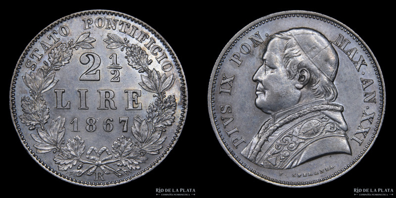 Papal States. Pius IX (1846-1870) 2 1/2 Lire 1867 R. Escasa. AG.900; 31.0mm; 12....