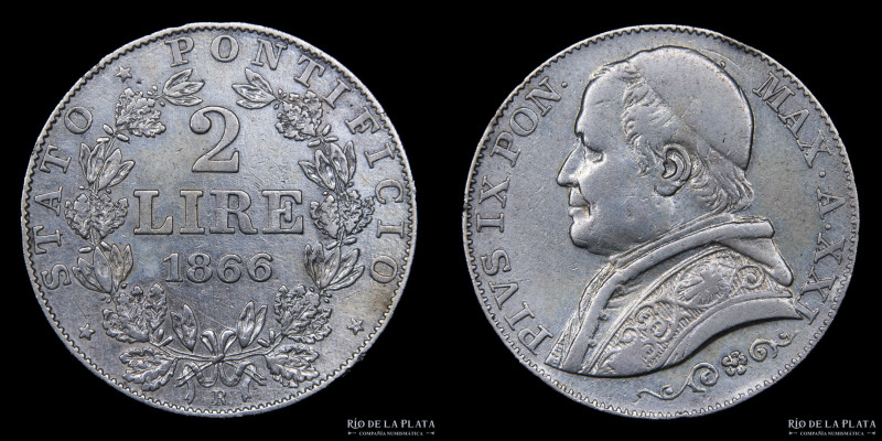 Papal States. Pius IX (1846-1870) 2 Lire 1866 R. AG.900; 27.0mm; 10.0g. KM1379. ...