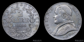 Papal States. Pius IX. 2 Lire 1866 R. KM1379.2