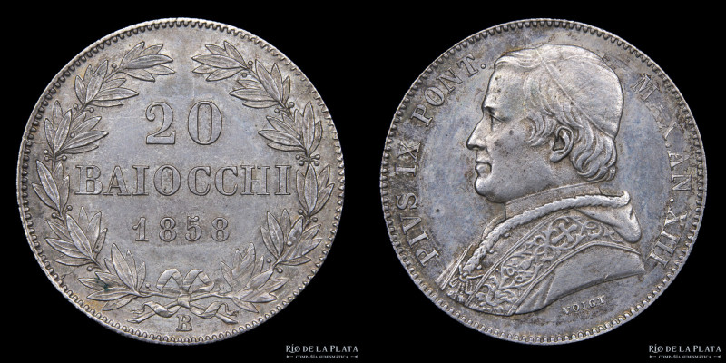 Papal States. Pius IX (1846-1870) 20 Baiocchi 1858 B. AG.800; 23.0mm; 5.72g KM13...