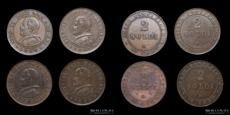 Papal States. Pius IX (1846-1870) 2 Soldi 1866 to 1867. Lot of 4. High grade coi...