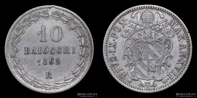 Papal States. Pius IX (1846-1870) 10 Baiocchi 1862. AG.800; 22.0mm; 2.90g. KM134...