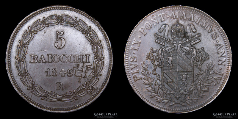 Papal States. Pius IX (1846-1870) 5 Baiocchi 1849 R. Countermarked. CU; 41.0mm; ...