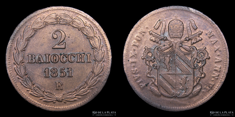 Papal States. Pius IX (1846-1870) 2 Baiocchi 1851 R. CU; 34.0mm; 20.0g. KM1344. ...