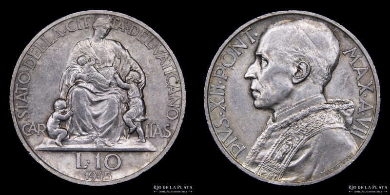 Papal States. Pius XII (1939-1958) 10 Lire 1945. AG.835; 27.0mm; 10.10g. KM38 Ra...