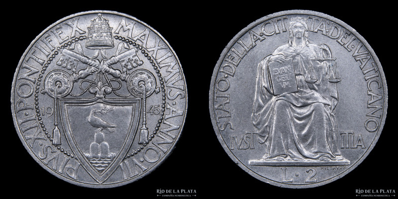 Papal States. Pius XII (1939-1958) 2 Lire 1945. Al-Ae; 29.0mm; 9.8g. KM36 Rare. ...