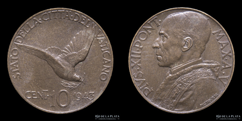 Papal States. Pius XII (1939-1958) 10 Centesimi 1943. Ae; 22mm; 4.90g. KM32 Rare...