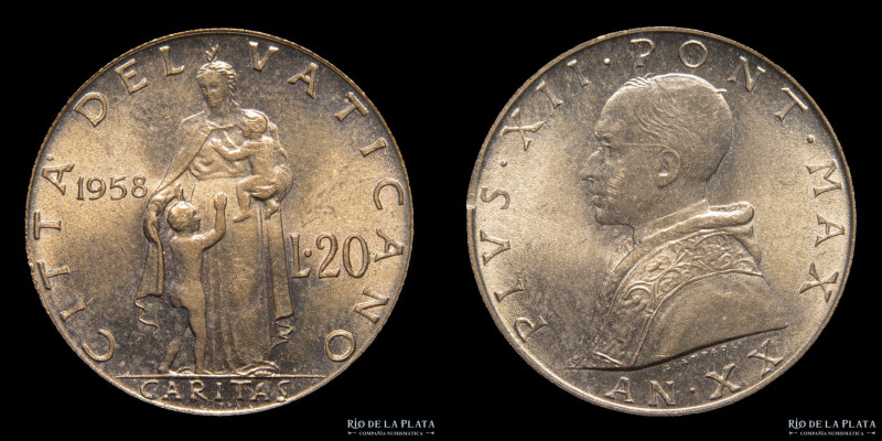 Papal States. Pius XII (1939-1958). 20 Lire "Caritas" 1958. Al-Ae; 21.25mm; 3.60...