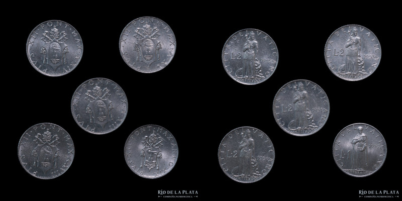Papal States. Pius XII (1939-1958) 1 and 2 Lire years 1951-52-53-56-57(1L). Al; ...