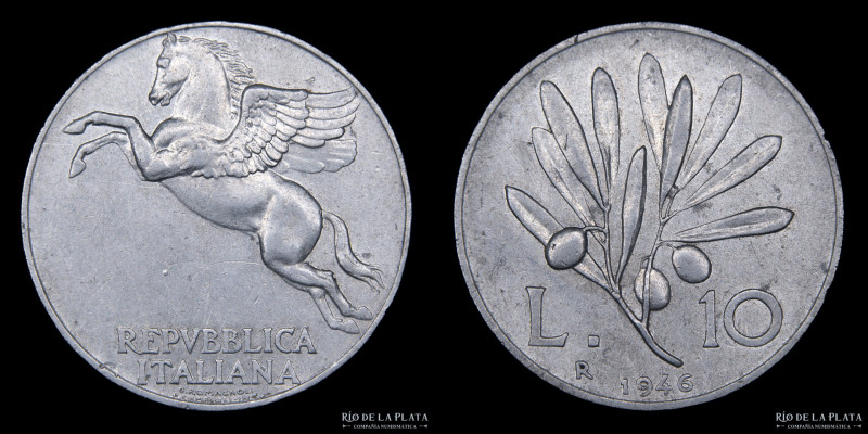 Italy (Republic 1946-date) 10 Lire 1946. Scarce date, only 101.000 minted. Al; 2...