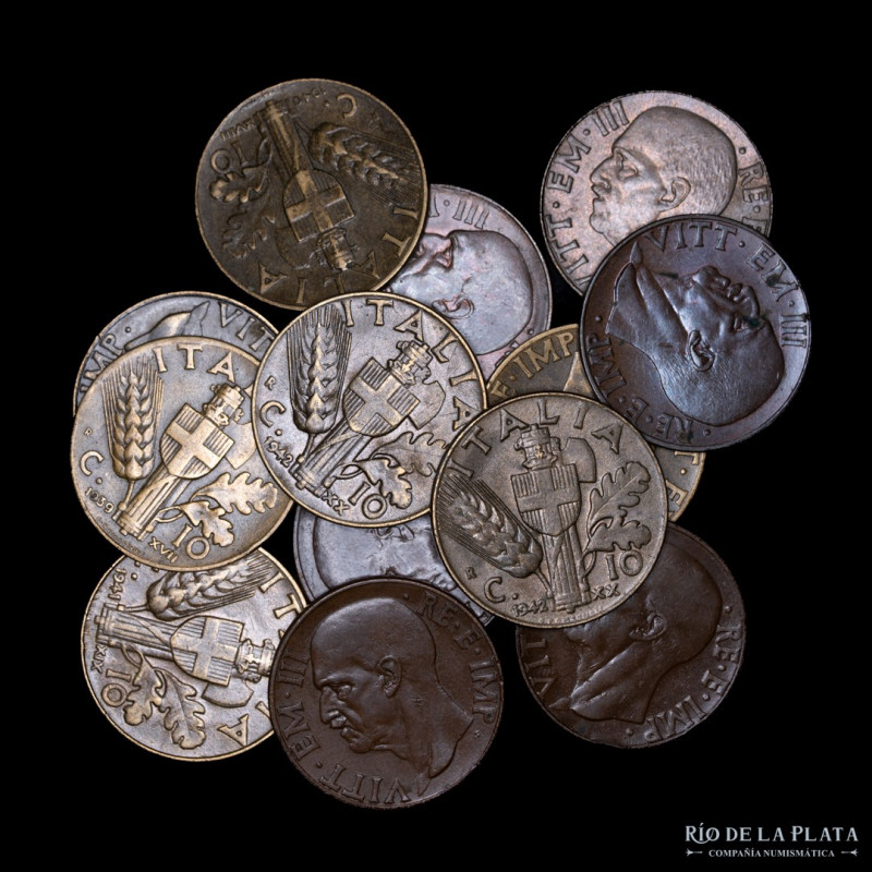 Italy. Lot x 13 pieces 10 Centesimi 1936-1943R. KM74-74a. All VF-UNC. Sold as is...