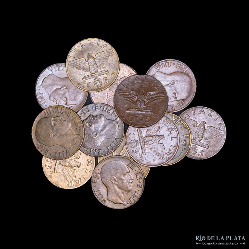 Italy. Lot x 13 pieces 5 Centesimi 1936-1943R. KM73-73a. All VF-UNC. Sold as is,...