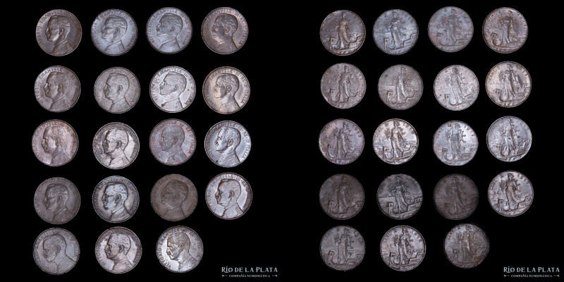 Italy. Lot x 19 pieces 2 Centesimi 1909-1917R. Including 1912 rare. KM41. All VF...