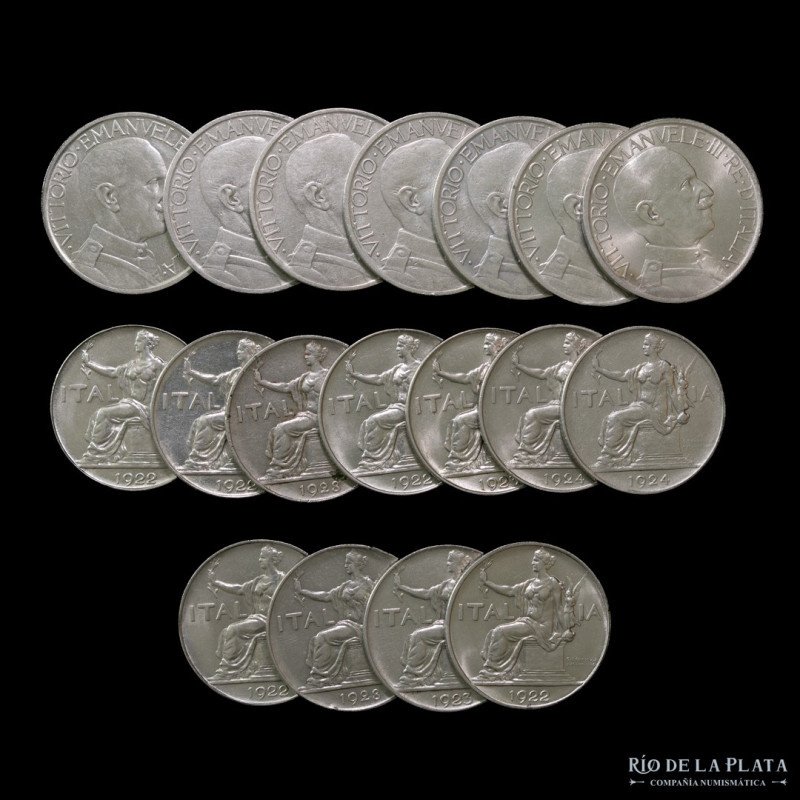 Italy. Lot x 18. 1 and 2 lire 1922-1934. KM62 and 63. All VF-UNC. Sold as is, no...