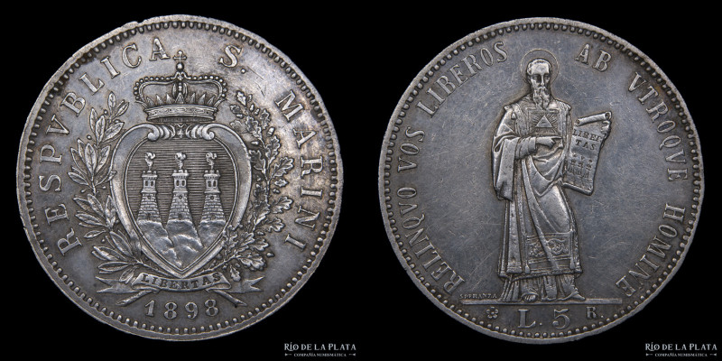 San Marino (Republic) 5 Lire 1898. AG.900; 37.0mm; 25.03g. Rome mint. Engraver: ...