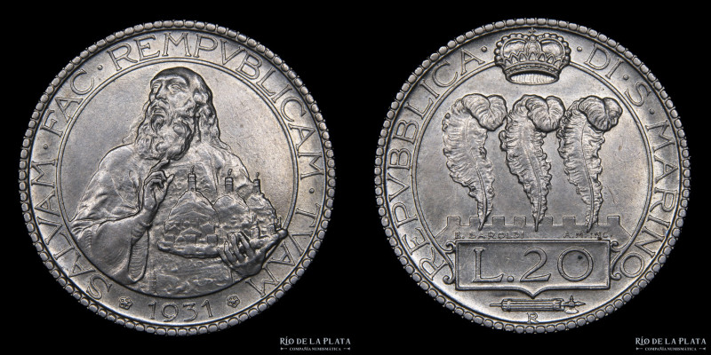 San Marino (Republic) 20 Lire 1931. AG.800; 35.5mm; 14.97g. Rome mint, only 10.0...