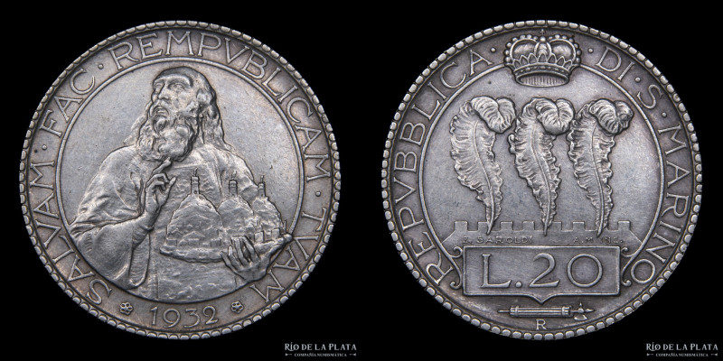 San Marino (Republic) 20 Lire 1932. AG.800; 35.5mm; 15.03g. Rome mint, only 10.0...