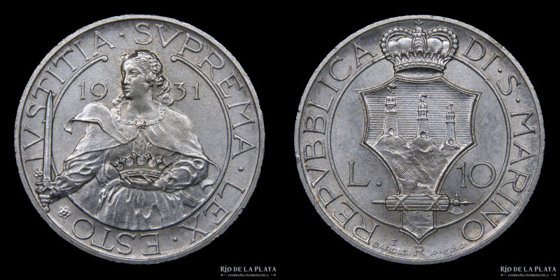 San Marino (Republic) 10 Lire 1931. AG.835; 27.0mm; 10.00g. Rome mint, only 25.0...