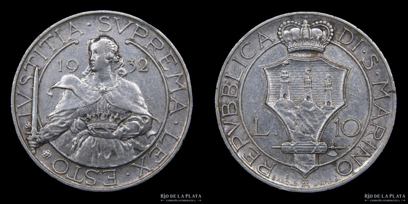 San Marino (Republic) 10 Lire 1932. AG.835; 27.0mm; 10.04g. Rome mint, only 25.0...