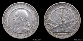 San Marino. 5 Lire 1931. KM9