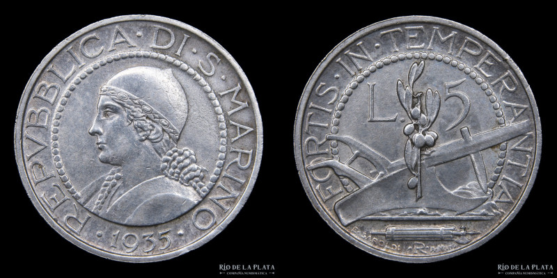 San Marino (Republic) 5 Lire 1935. AG.835; 23.0mm; 5.00g. Rome mint. Engraver: E...