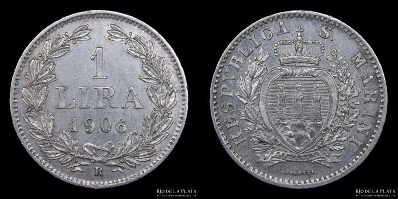 San Marino (Republic) 1 Lira 1906. AG.835; 23.0mm; 5.00g. Rome mint, only 20.000...