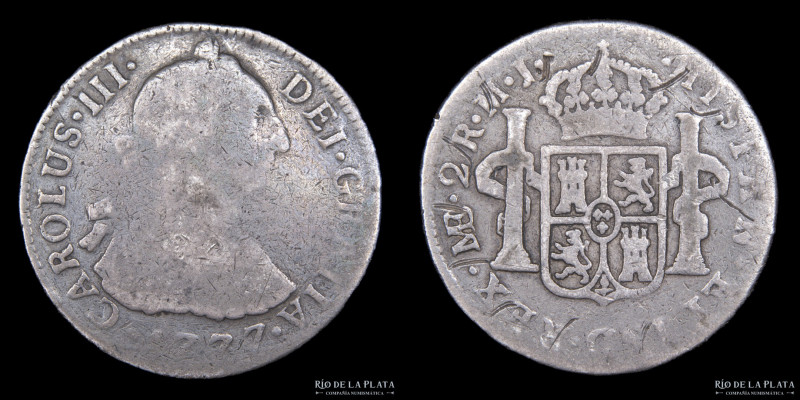 Lima (Perú) Carlos III (1759-1788) 2 Reales 1777 MJ. Lima Mint. AG.896; 28mm; 6....