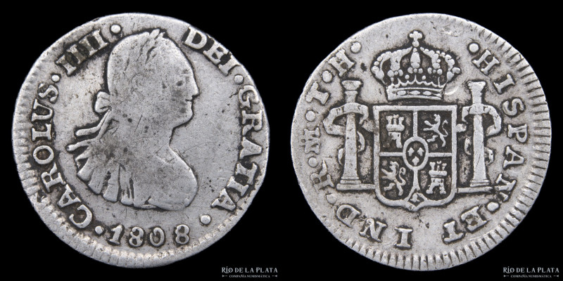 México. Carlos IV (1788-1808) 1/2 Real 1808 TH. AG.900; 17.0mm; 1.60g. KM 72 (VF...