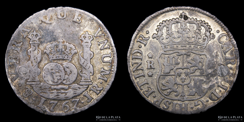 Potosí. Carlos III (1759-1788) 2 Reales 1767 JR Columnaria (José de Vargas y Flo...