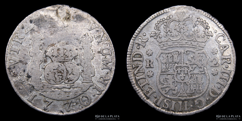 Potosí. Carlos III (1759-1788) 2 Reales 1770 JR Columnaria (José de Vargas y Flo...